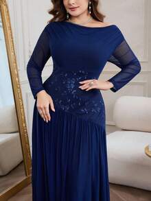 Modelyn Plus Size Women Floral Embroidery Off-Shoulder Long Sleeve Elegant Maxi Dress - Navy Blue - View 4