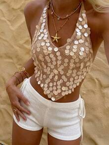 Firerie 女士优雅精致浪漫海滩度假音乐节派对生日婚礼宾客V领不规则下摆系带露背亮片卡其色上衣，春夏款 - 卡其色 - 查看 2