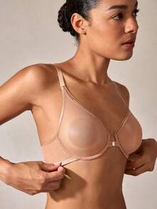 Deyllo 女士透视深V文胸，前扣式钢圈无衬垫交叉后背透气轻盈优雅日常内衣 - 駝色 - 查看 7