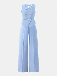 Tween Girls' Double-Breasted Vest And Wide-Leg Pants Casual Outfit - Blue - View 1