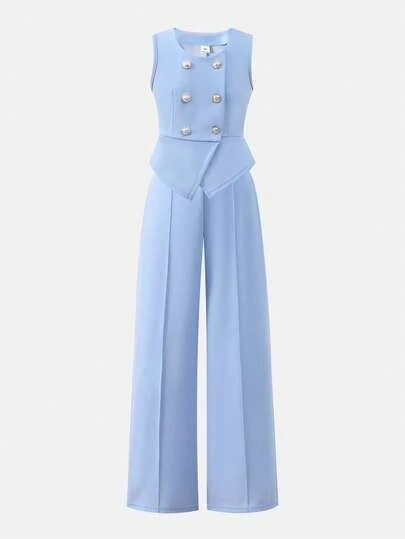 少女双排扣背心和阔腿裤休闲套装