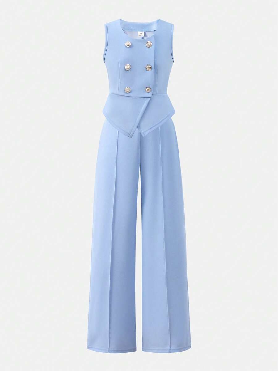 Tween Girls' Double-Breasted Vest And Wide-Leg Pants Casual Outfit - Blue - View 1