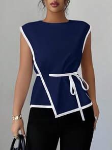 Elenzga Women's Elegant Commuter Waist Cinched Contrast Color Shirt - Navy Blue - View 3