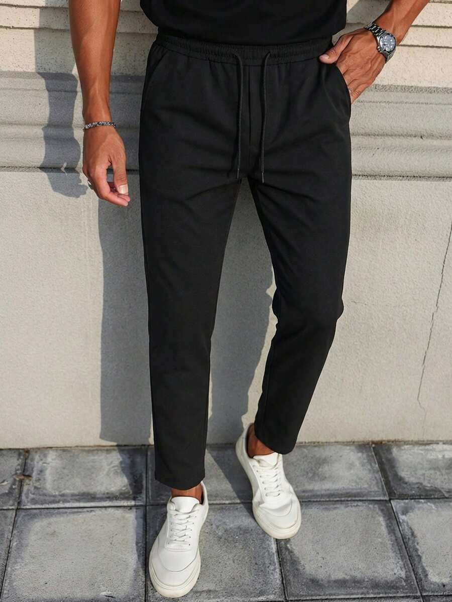 Men's Solid Cropped Straight Fit Pocket And Drawstring Detailed Good Quality Casual Pants - Black - View 1