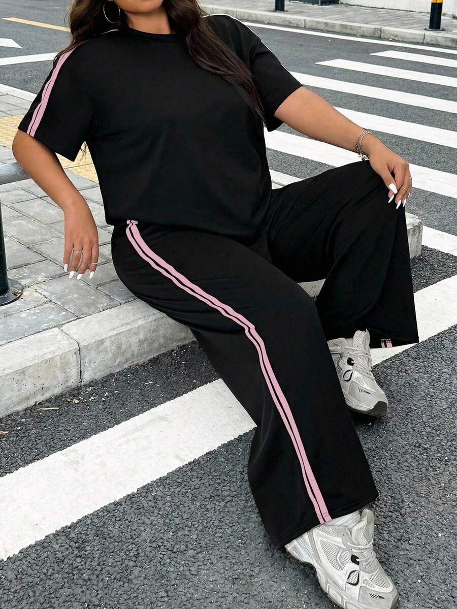 SHEIN EZwear Set 2 buc. tricou și pantaloni cu dungi în culori contrastante, mărime mare, primăvară/vară/toamnă - Multicolor - Vizualizare 1