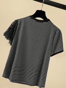 GlowEve CURVE Women's Striped Round Neck Short Sleeve Casual T-Shirt, Lace Patchwork, Summer - Black and White - View 2