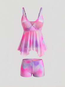 SHEIN Swim Curve 2 件大码女式扎染 V 领迷彩印花简约比基尼夏季 - 粉色 - 查看 1