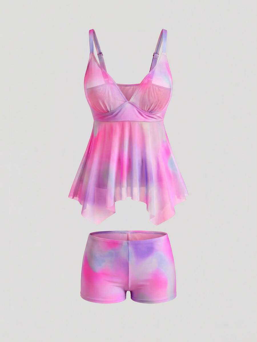 SHEIN Swim Curve 2 件大码女式扎染 V 领迷彩印花简约比基尼夏季 - 粉色 - 查看 1