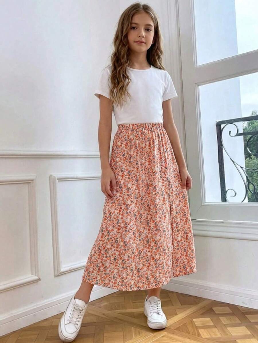 SHEIN Tween Girl Ditsy Floral Elastic Waist Casual Skirt Long Spring Summer Skirts Modest Skirt - Pink - View 1