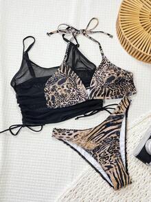 Swim SXY 3pcs Set Brown Leopard & Zebra Random Print Black Mesh Drawstring Ruched Cover Up T-Shirt V-Neck Halter Sexy Casual Women Beach Bikini Swimwear - Multicolor - View 4