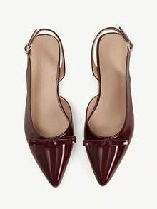 CUCCOO CHICEST 女士黑色漆皮尖头粗跟鞋，大蝴蝶结装饰，优雅通勤百搭夏季鞋，婚鞋，新娘鞋 - 酒紅色 - 查看 1