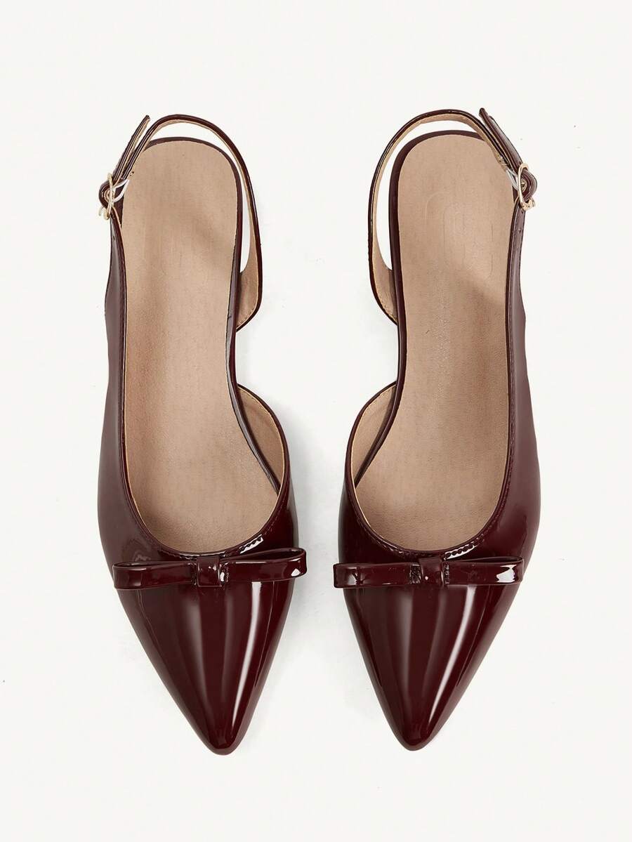 CUCCOO CHICEST 女士黑色漆皮尖头粗跟鞋，大蝴蝶结装饰，优雅通勤百搭夏季鞋，婚鞋，新娘鞋 - 酒紅色 - 查看 1