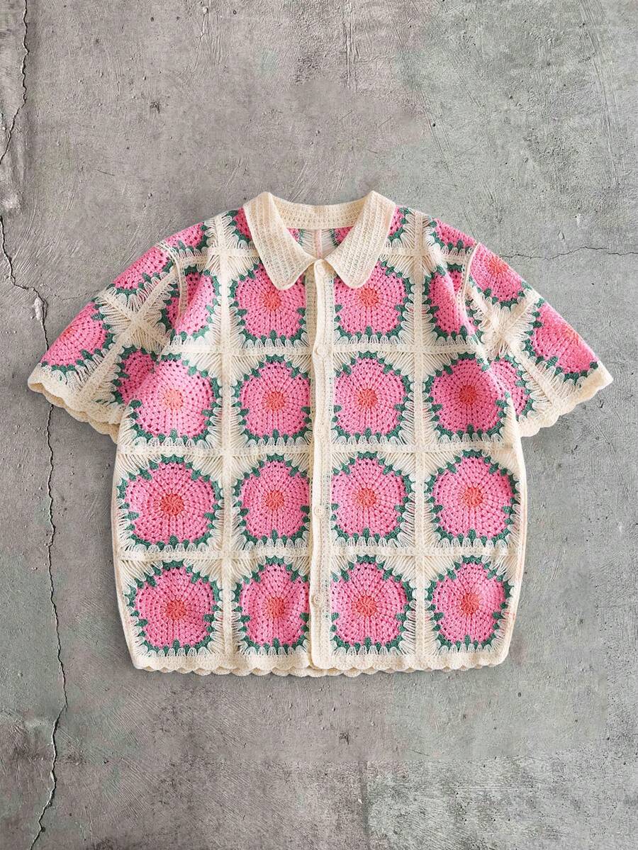 AXEPEAK 男士撞色印花短袖纽扣前开襟休闲针织上衣 - 彩色 - 查看 1