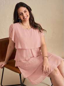 Chikora Plus Size Elegant Solid Color Multi-Layer Dress, Summer - Pink - View 7