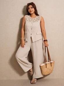 Elaquor Plus Size 2 Pieces Set,Lace Trim Collar Round Neck Shirt & Wide Leg Pants Beige,Summer,Smart Casual,Vacation,Holiday Elegant Commuter Business Outfits - Apricot - View 4