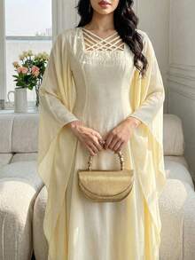 Al Najma Vestido de estilo árabe con cuello cuadrado cruzado, mangas acampanadas y cintura ceñida para mujer - Amarillo - Ver 2