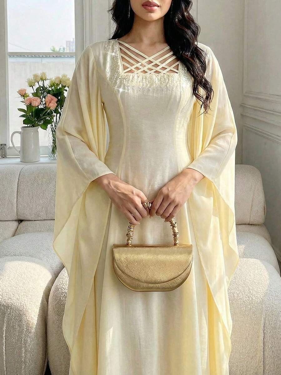 Al Najma Vestido de estilo árabe con cuello cuadrado cruzado, mangas acampanadas y cintura ceñida para mujer