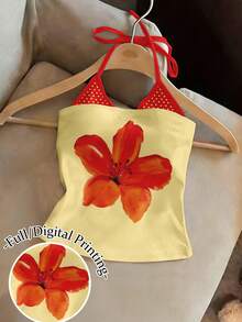EMERY ROSE Y2K Hibiscus Flower Polka Dot Print Casual Halter Neck Camisole Top Tees - Multicolor - View 5