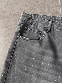 ROMWE MEN Men's Summer Casual Rhinestone Decorated Denim Shorts - Grey - View 3