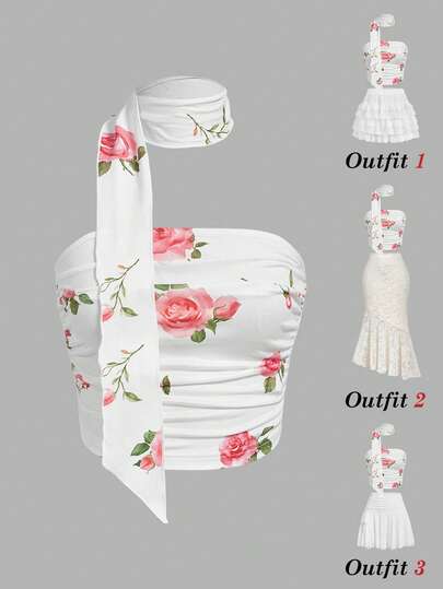 SHEIN MOD Women's Elegant Floral Print Tube Top For Summer, Party Outfit, Beach Outfits, Wedding Guest Outfits, Elegant Women's Blouses, Holiday Outfits, Y2K Tops, Floral Top, Ruffle Top, Women's Floral Print Cami Top Bandeau Style With Shirred Details, Scarf Top, Rose Top, Retro, Vintage, Country Outfits, Going Out, Picnic, Cute, Music Festival Outfits, Romantic, Women's Vacation