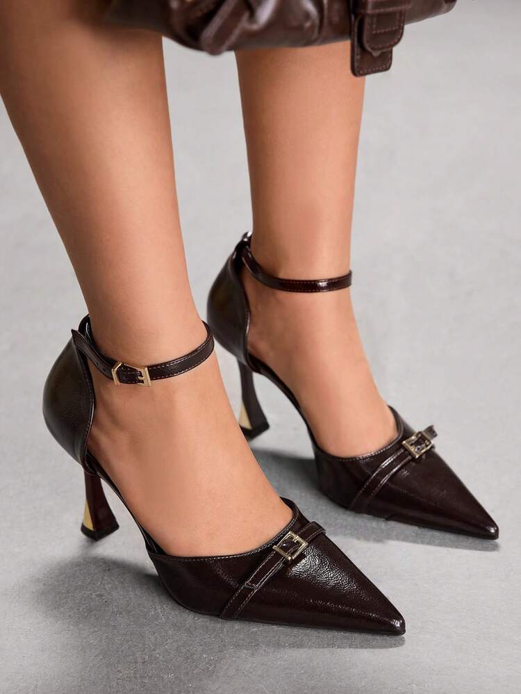 CUCCOO SZL Women's High Heels Pointed Toe Back Help Buckle Adjustable 9CM Women's Elegant Stiletto Shoes PU Material Brown High Heels Fashion Versatile Suitable For Daily/Party/Thanksgiving/Dating/Commuting/Formal Women's Shoes