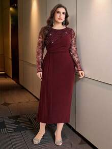 Modelyn Plus Size Elegant Party Formal Formal Formal Wedding Sequin Lace Patchwork Dress Burgundy Autumn Fall - Burgundy - View 7