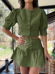 Ronhire 100% Cotton Women Summer Casual Front Button Puff Sleeve Top And Mini Skirt Set Winter Green Casual Green Christmas Spring - Army Green - View 4