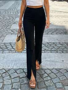 FRIFUL Women's Casual Solid Color Elastic Waist Slit Hem Pants - Black - View 4