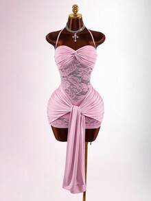 Amplova Đầm ngắn màu vàng lãng mạn cho kỳ nghỉ xuân, kiểu cổ yếm, xoắn phía trước, cổ chữ V, xẻ tà, dành cho nữ. - Hồng - Xem 4