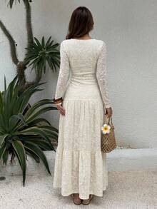 DAZY White Floral,Autumn,Elegant,Tea Party Spring & Summer White Lace Long Sleeve Midi Dress For Women,Slim Fit Sheer Mesh Fishtail Hem Wedding Sundress - Apricot - View 6