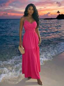 Slaydiva Hot Pink Summer Elegant Casual Holiday Vacation Rose Red Dress For Women,Halter Cross Front Spaghetti Strap Cake Skirt Bohemian Nomadic Maxi Dress - Hot Pink - View 4