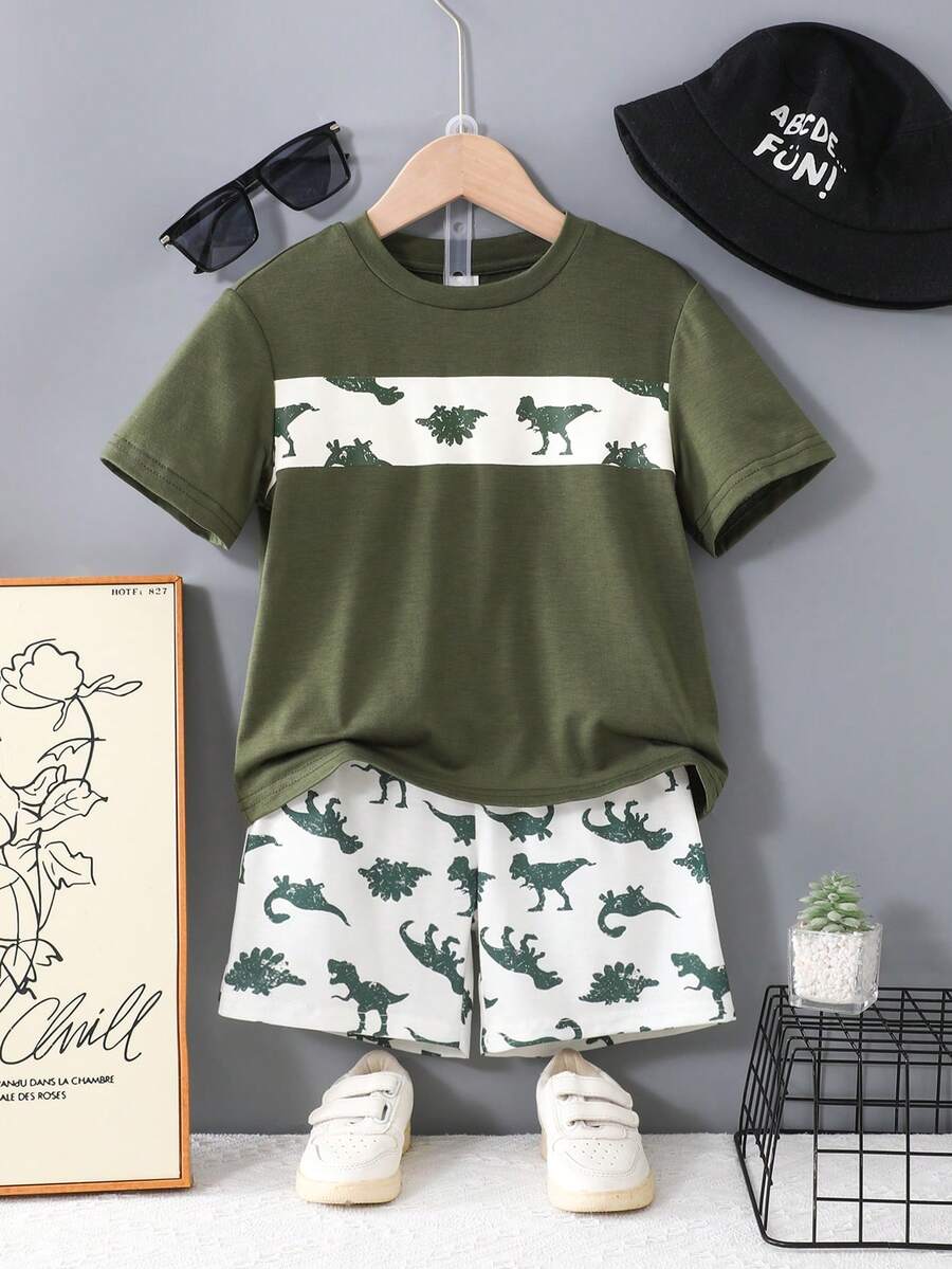 SHEIN 2pcs Young Boy Dinosaur Pattern Knit Soft Round Neck Short Sleeve Top And Elastic Waist Shorts Set - Multicolor - View 1