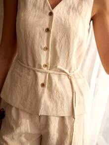 MOTF PREMIUM WOMEN'S VACATION COTTON LINEN WOODEN BUTTON PLACKET BELTED VEST JACKET - Apricot - View 2