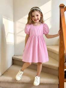 SHEIN 女童短袖泡泡袖连衣裙，粉色雏菊公主裙，可爱休闲时尚夏季度假连衣裙 - 粉色 - 查看 6