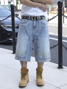 Manfinity EMRG Quần short denim nam màu xanh nhạt thêu họa tiết, kiểu dáng thường ngày. - Rửa nhẹ - Xem 1