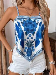 SHEIN LUNE Women's Casual Loose Plant Printed Camisole - Blue - View 4