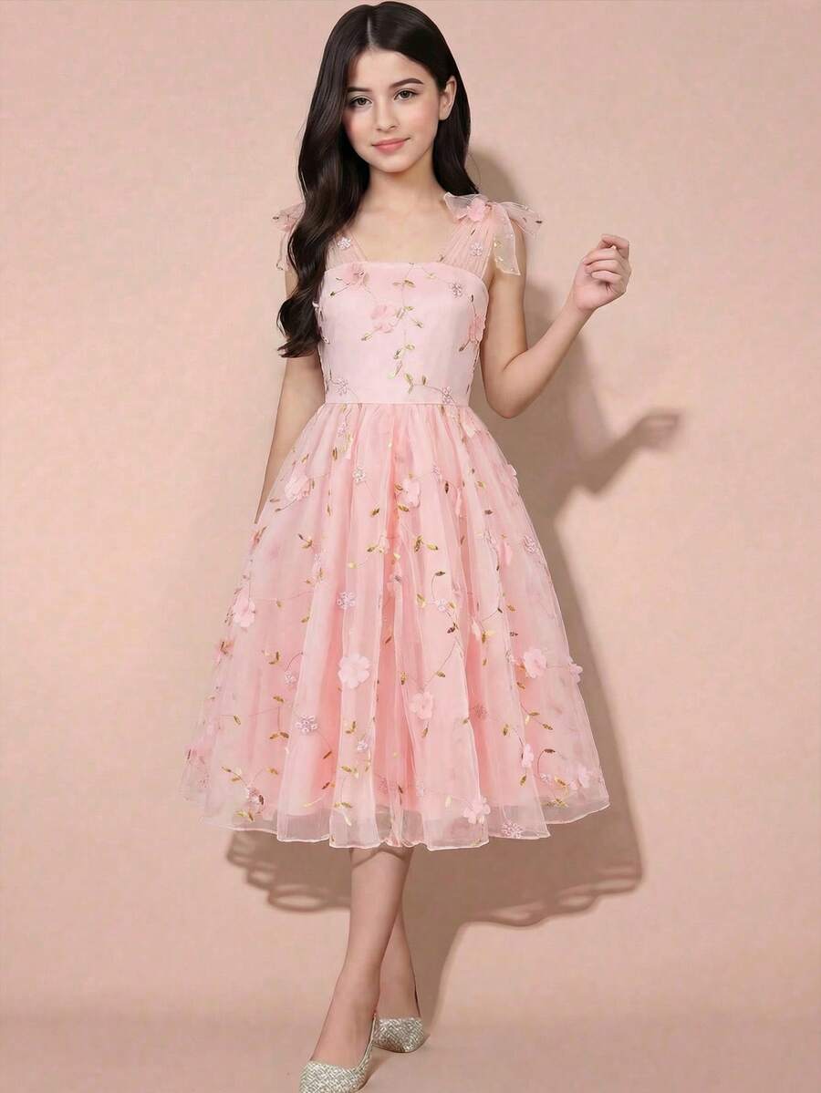 SHEIN Pitira Đầm lưới thêu hoa thanh lịch dành cho bé gái tuổi teen, thích hợp cho mùa hè. - Hồng - Xem 1