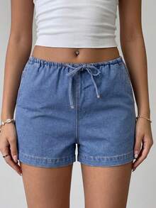 Sunnyshic Quần short denim nữ kiểu dáng thường ngày, có dây rút ở eo, thích hợp cho mùa hè. - Màu xanh lam - Xem 5
