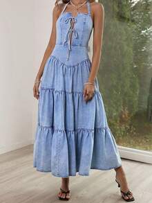 Sunnyshic 女士休闲露背吊带牛仔连衣裙 - 藍色 - 查看 6