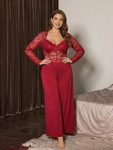 Slumberist Plus Size Women Lace Round Neck Top And Flare Pants Pajama Set - Burgundy - View 4