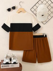 Vacaura 男童休闲撞色圆领T恤套装（2件装），舒适时尚，适合日常、上学、运动穿着。 - 咖啡棕 - 查看 2