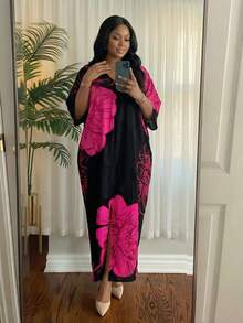 SHEIN Lady CURVE Vestido túnica recto de cuello en V tejido elegante y casual de estilo bohemio negro, vestido kaftan largo de talla grande, vestido de Pascua para mujer, atuendos de primavera para mujer - Rosa Fucsia - Ver 1