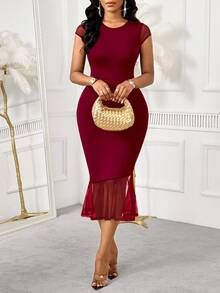 SHEIN Lady Đầm suông cổ tròn phối lưới vá viền loe màu trơn thanh lịch dành cho nữ - Màu Đỏ Sâu - Xem 3