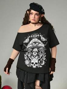 ROMWE Goth Plus Size Distressed Mushroom Skull Print Single Shoulder T-Shirt - Black - View 5