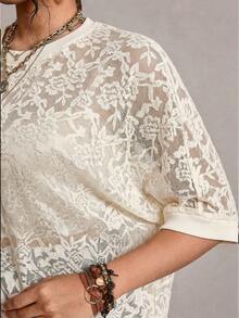 Freevana 大码薄纱蕾丝休闲T恤 - 米色 - 查看 7