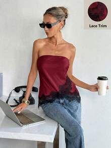 Matte Satin Lace Trim Bandeau Top,Summer Top Trending Outfit - Burgundy - View 6