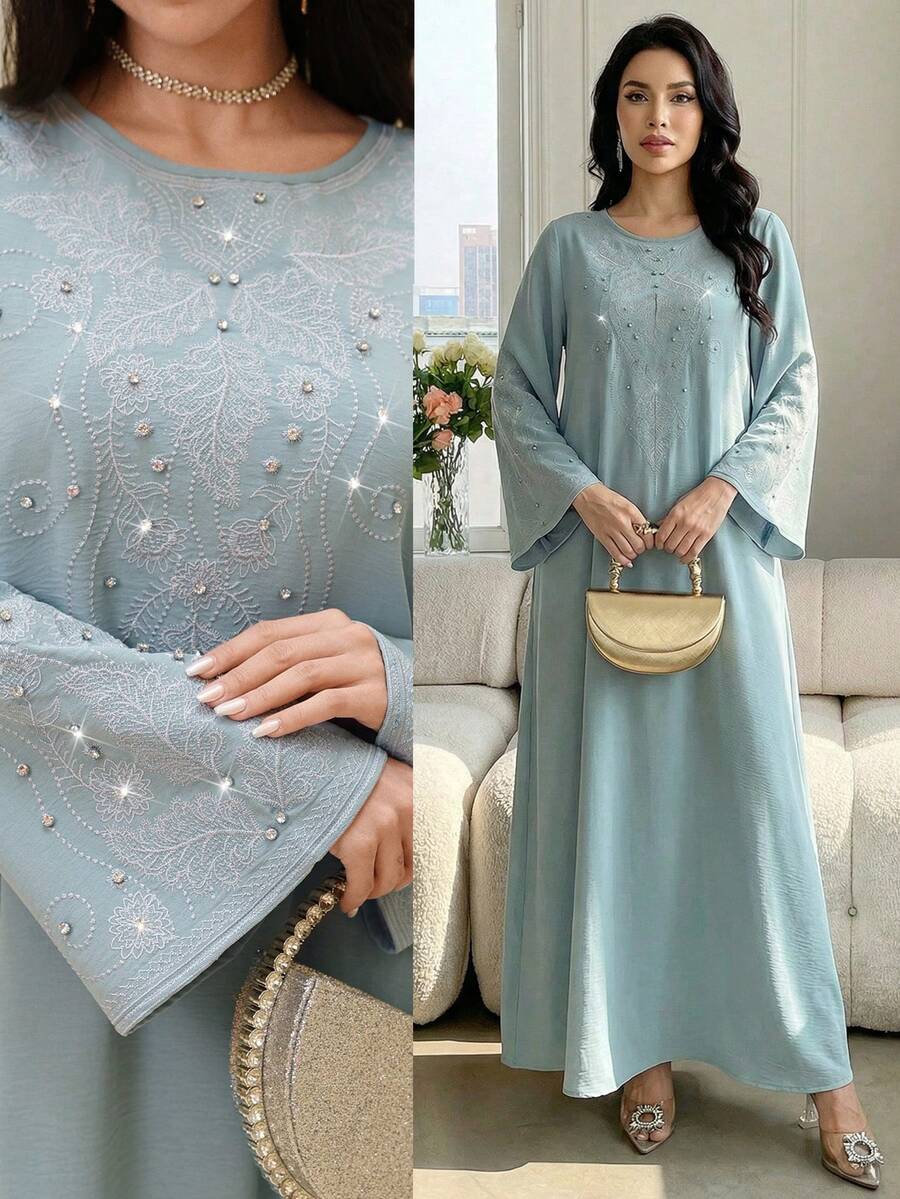 Al Najma Đầm xòe tay bồng dáng rộng kiểu Ả Rập thanh lịch dành cho nữ, thêu hoa và đính đá, thích hợp cho mùa xuân/thu. - Màu xanh lam - Xem 1