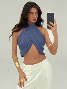 Aloruh Áo kiểu nữ thanh lịch, gợi cảm, chất liệu chiffon, thích hợp cho kỳ nghỉ, phong cách thường ngày, cổ xếp ly chéo sau lưng, cài nút. - Màu xanh bụi bặm - Xem 6