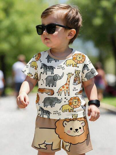 SHEIN Young Boy Casual Simple T-Shirt Set, Classic Cute Animal Zoo Pattern Print, Giraffe, Elephant, Lion, Crocodile Animal Graphic, Suitable For Spring/Summer, Suitable For Outdoor Activities