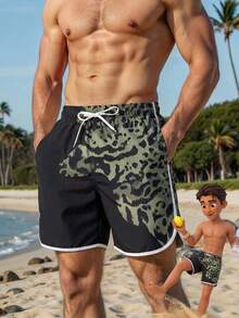 Manfinity Swimmode 男士抽绳腰带休闲百搭沙滩短裤 - 黑色 - 查看 1